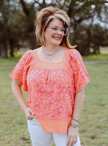 Ladies Colorful Ivy Jane Top With Floral Embroidery in Peach & Pink - SOLANA TOP - Blair's Western Wear Marble Falls, TX