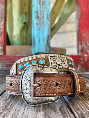 Kid's Cowhide Belt with Etched Conchos and Bling - N4419302 - Blair's Western Wear Marble Falls, TX 