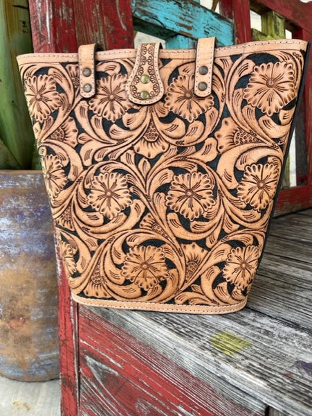 Ladies American Darling Tooled Leather Bucket Purse With Leather Latch Closure - ADBG477TAN - BLAIR'S WESTERN WEAR MARBLE FALLS, TX