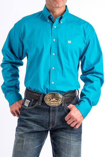 Model Is Wearing Cinch Men's Turquoise Western Shirt. 