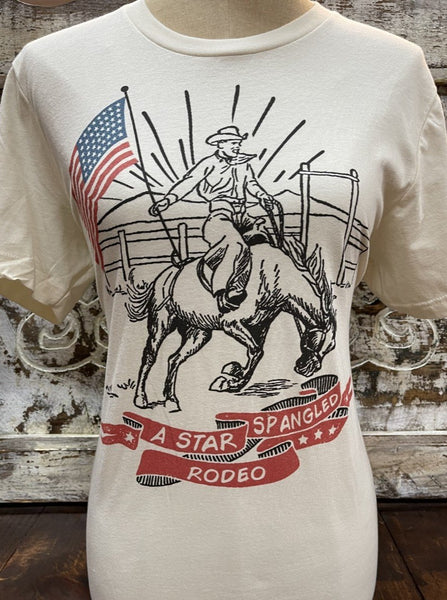 Ladies T-Shirt Rodeo Cowboy and USA Flag - STARSPANGLE - Blair's Western Wear - Marble Falls, TX 