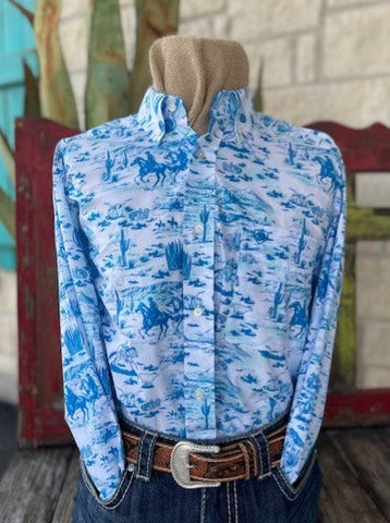 Men's Ariat Blue/White Western Design Long Sleeve Button Down - 10040767 - Blair's Western Wear Marble Falls, TX 