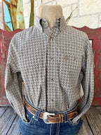 Men's tan and brown long-sleeve shirt with an allover circular medallion print, button-down collar, button-front closure and chest pocket — Blair's Western Wear Marble Falls TX