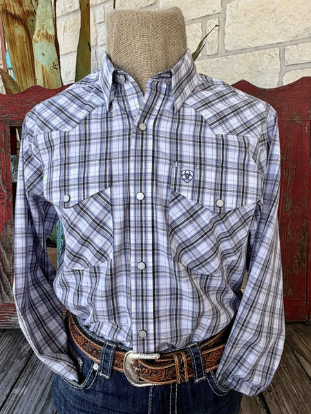 Men's red and blue plaid long sleeve snap shirt with western yoke and chest pocket, front view — Blair's Western Wear Marble Falls TX