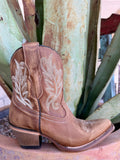 Brown Western bootie with cream leaf-and-scroll embroidery, pull tab, dark piping and tapered toe — Blair's Western Wear Marble Falls TX