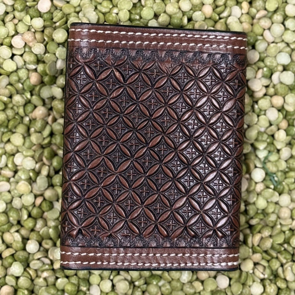 Men's Geometric Tooled Rawhide Lace Trifold Wallet