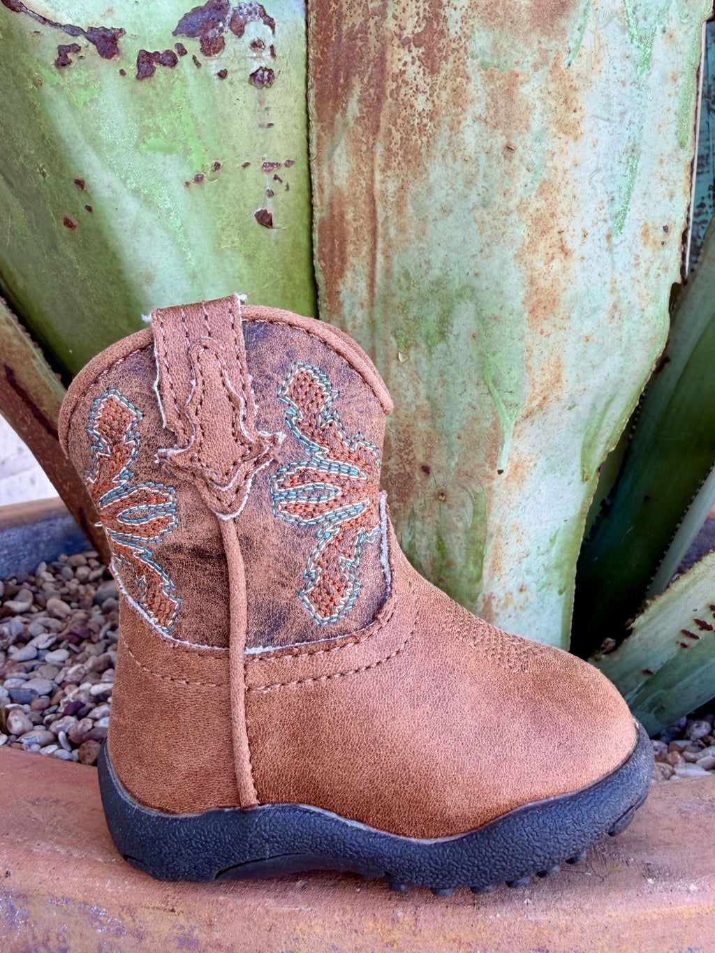 Kids' brown round-toe Western boot with turquoise-and-rust shaft embroidery, pull tab and black treaded sole — Blair's Western Wear Marble Falls TX