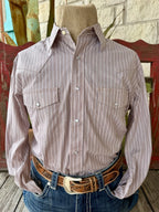 Men's Wrangler white brown and black stripe long sleeve button-up shirt — Blair's Western Wear Marble Falls TX