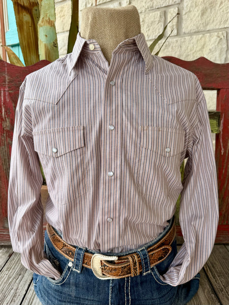 Men's Wrangler white brown and black stripe long sleeve button-up shirt — Blair's Western Wear Marble Falls TX
