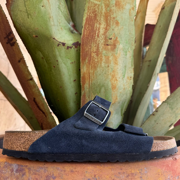 Blue Night suede two-strap sandal with cork-latex footbed and adjustable buckle straps — Blair's Western Wear Marble Falls TX