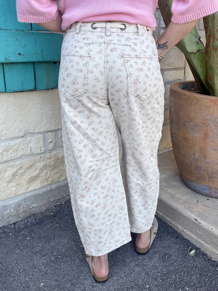 Women's Natural Pink Floral Barrel Leg Pant