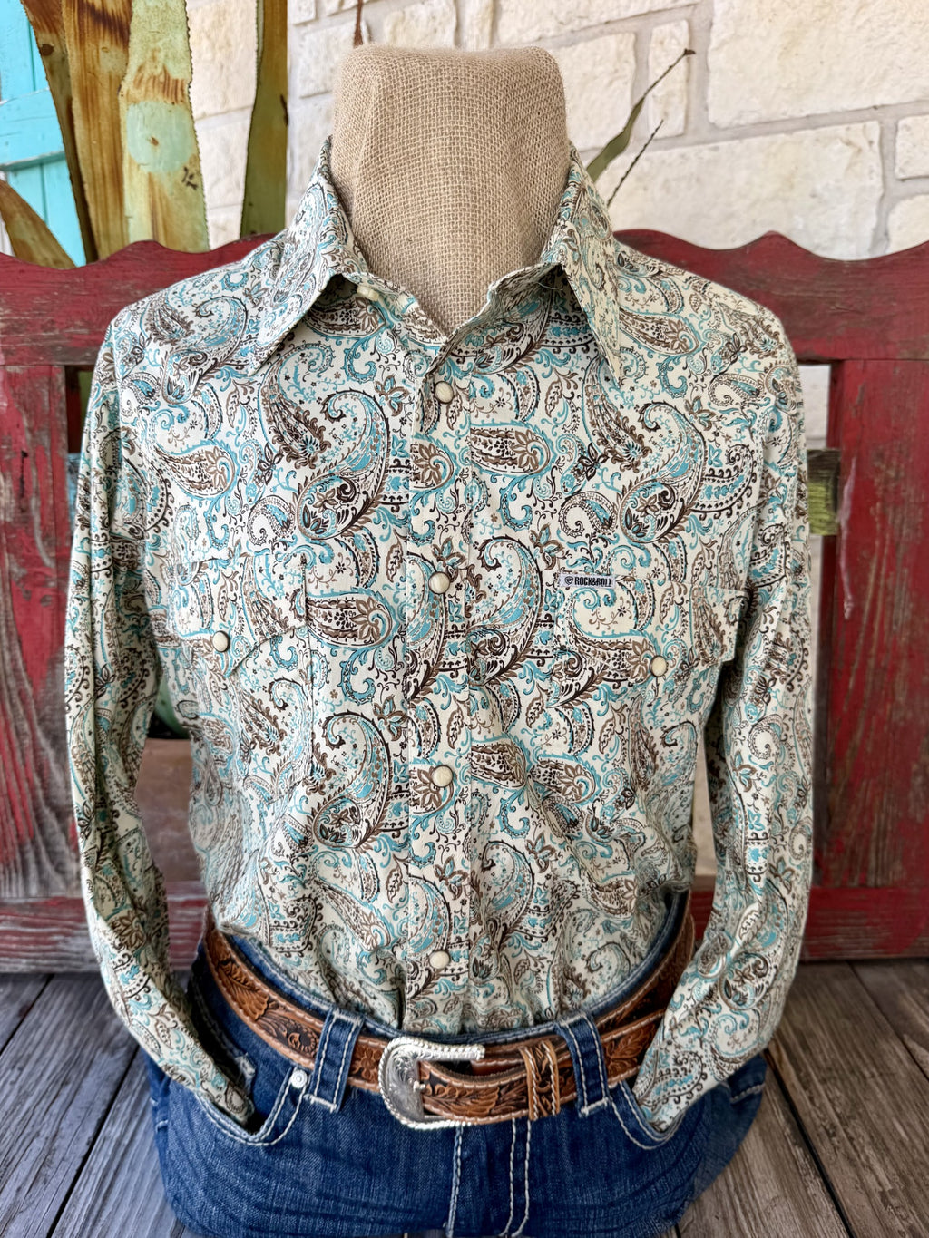 Men's natural, turquoise and brown paisley long-sleeve shirt with point collar, pearl-style snaps and two flap chest pockets — Blair's Western Wear Marble Falls TX