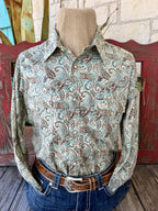 Men's natural, turquoise and brown paisley long-sleeve shirt with point collar, pearl-style snaps and two flap chest pockets — Blair's Western Wear Marble Falls TX
