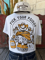 Men's white Sendero Provisions Co. Pick Your Poison short sleeve tee with gold and black cowboy skeleton badge chest logo close-up — Blair's Western Wear Marble Falls TX