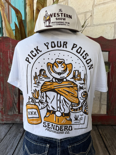 Men's white Sendero Provisions Co. Pick Your Poison short sleeve tee with gold and black cowboy skeleton badge chest logo close-up — Blair's Western Wear Marble Falls TX