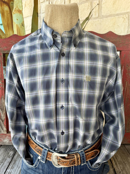 Men's navy and olive plaid button-down long-sleeve shirt — Blair's Western Wear Marble Falls TX