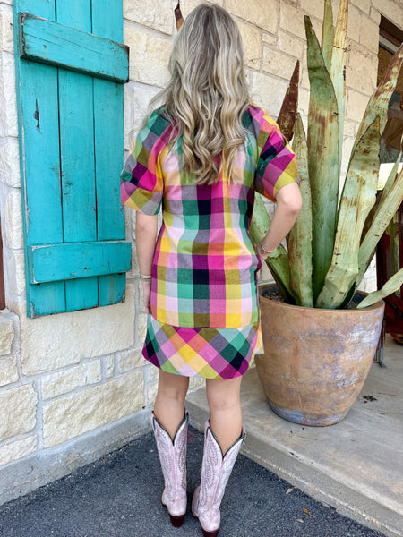 Multicolor Plaid V-Neck Short Sleeve Shift Dress