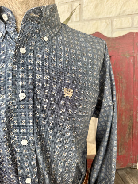 Men's Cinch Navy and Brown Long Sleeve Button-Up Shirt