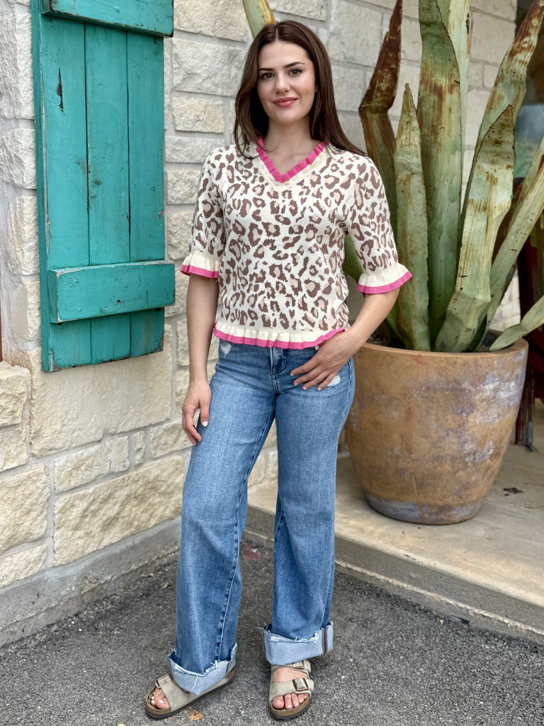 Women's Short Sleeve Leopard Knit Top