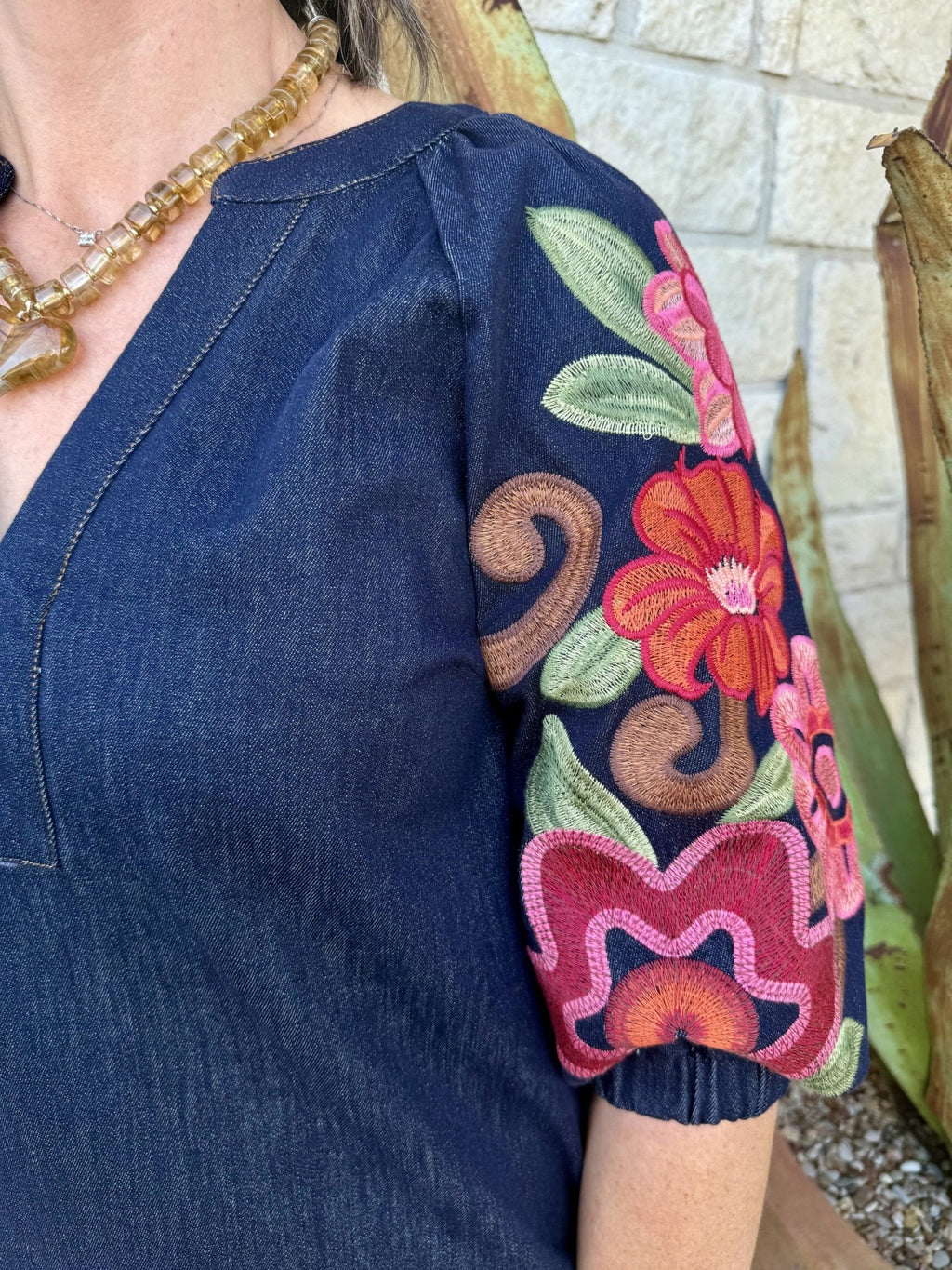 Women's Dark Denim Floral Embroidered Sleeve Mini Dress