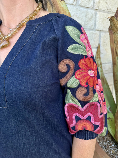 Women's Dark Denim Floral Embroidered Sleeve Mini Dress
