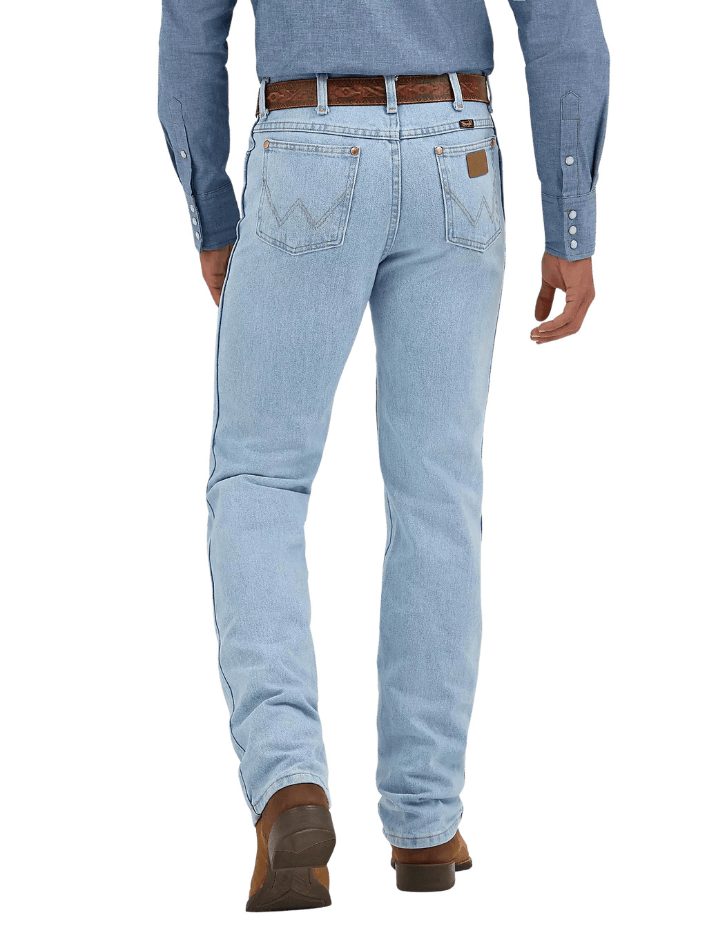 Men's bleach wash slim fit cowboy cut jean back view with iconic W-stitch pockets and Wrangler leather patch, styled with western shirt and boots — Blair's Western Wear Marble Falls TX