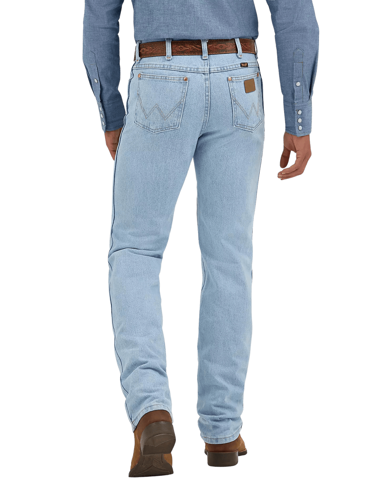 Men's bleach wash slim fit cowboy cut jean back view with iconic W-stitch pockets and Wrangler leather patch, styled with western shirt and boots — Blair's Western Wear Marble Falls TX