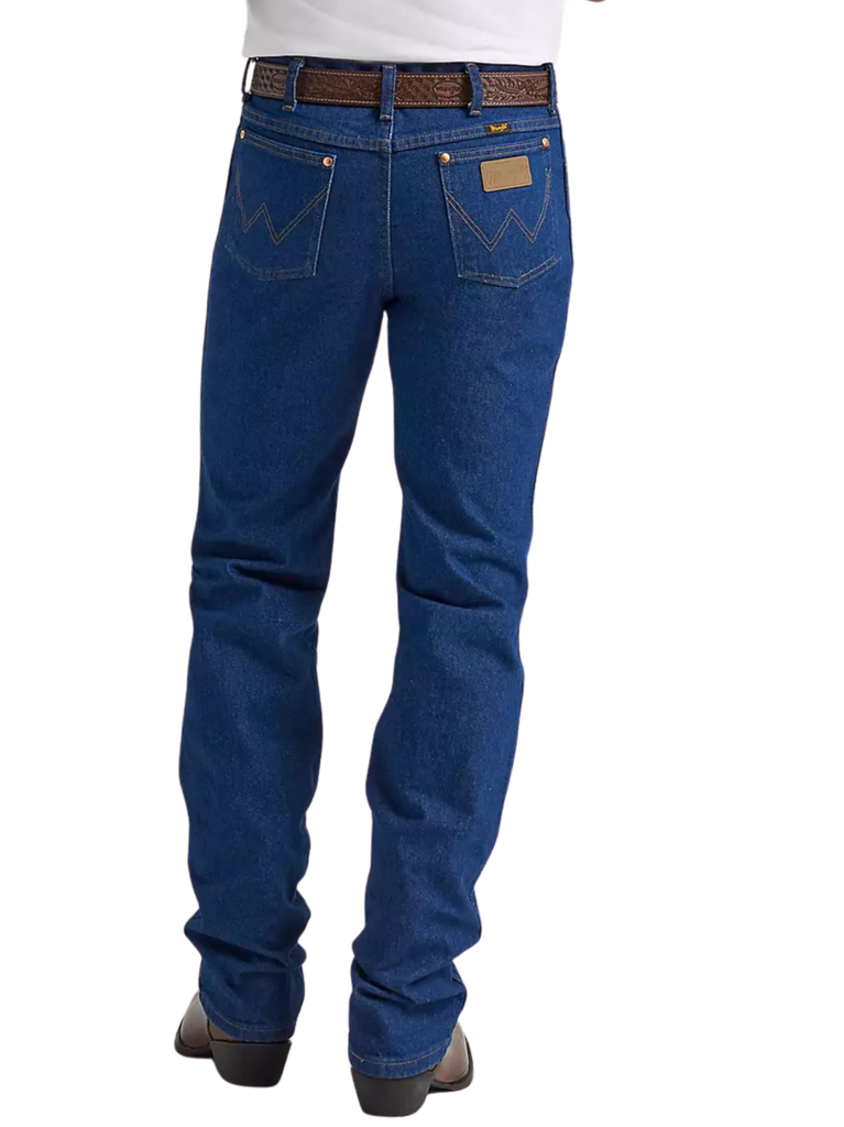 Men's prewashed slim fit Cowboy Cut blue jean with five-pocket styling, boot-cut leg opening, and classic indigo denim — Blair's Western Wear Marble Falls TX