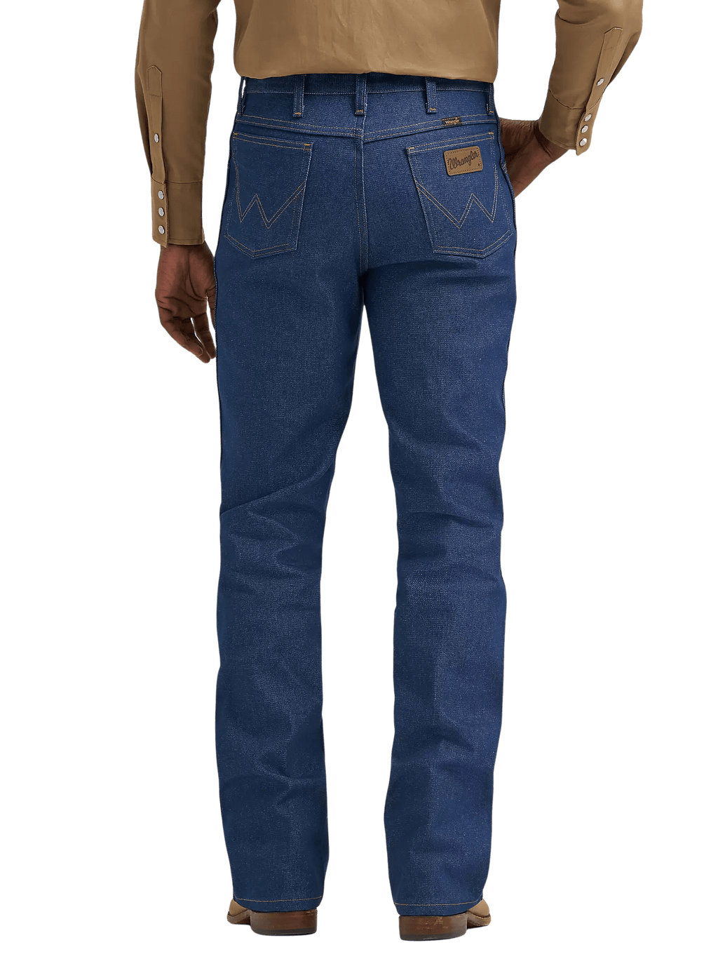 Rear view of a person wearing blue denim jeans with a tan long-sleeve button-up shirt and brown shoes, shown against a plain white background.