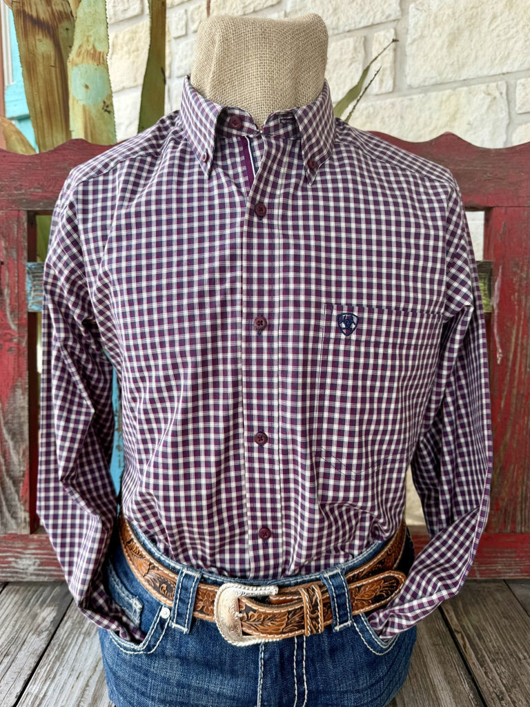 Men's purple, black, and natural check long sleeve button-up shirt with point collar and single chest pocket, front view — Blair's Western Wear Marble Falls TX