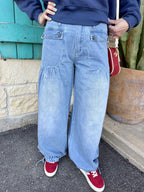 Women's Light Wash Wide Leg Drawstring Hem Denim Pant