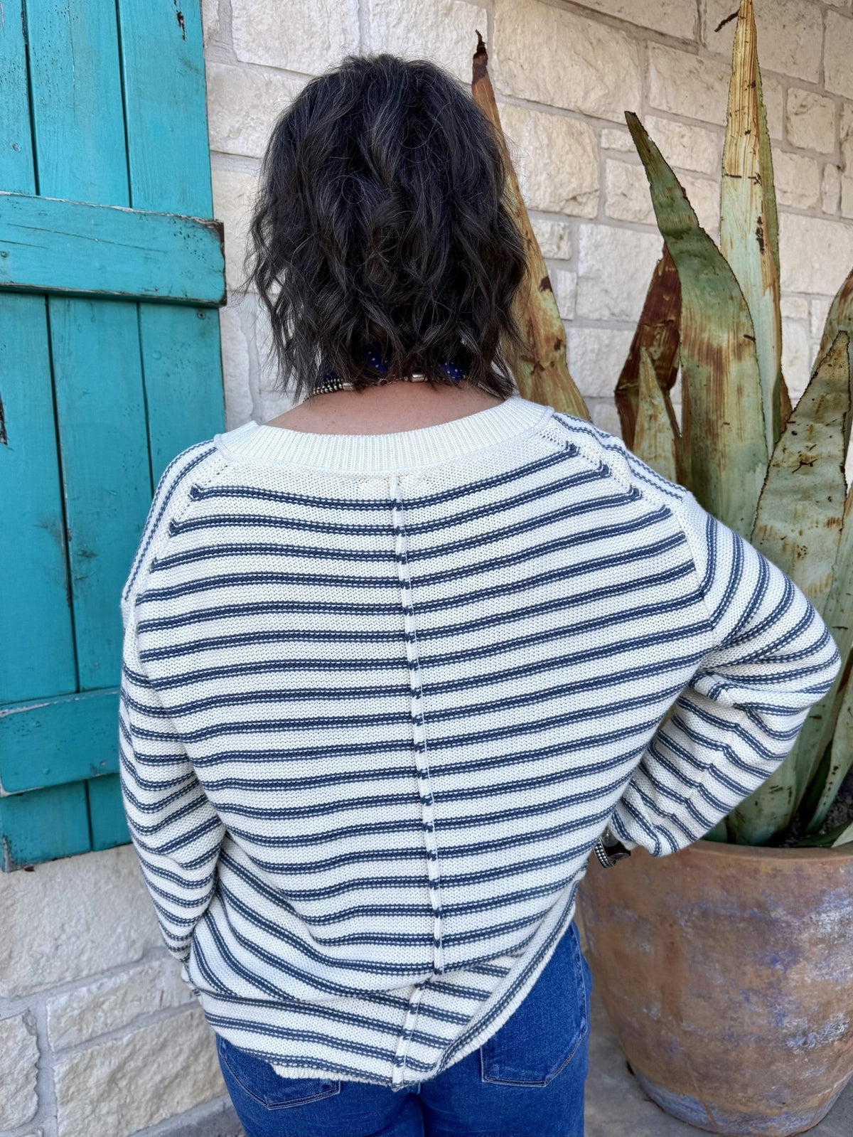 Women's Cream and Blue Striped V-Neck Knit Sweater