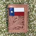 Men's Texas Flag Scroll Tooled Leather Trifold Wallet