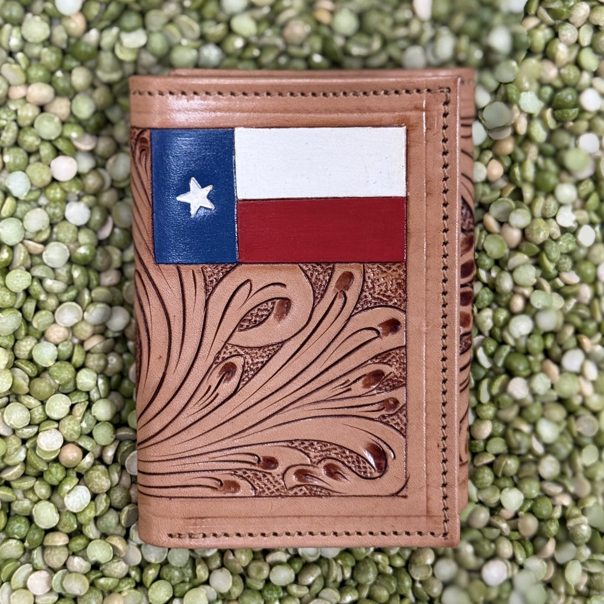 Men's Texas Flag Scroll Tooled Leather Trifold Wallet