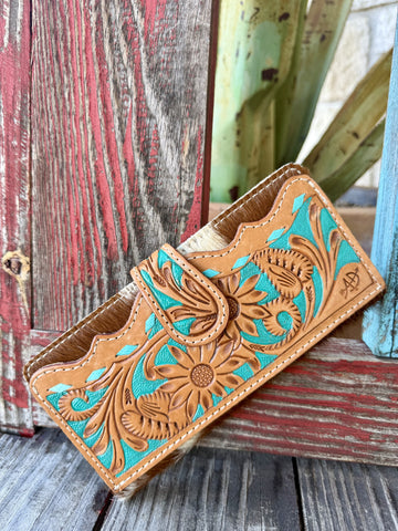 Women's Tan & Turquoise Tooled Leather & Hair-On Hide Checkbook Wallet