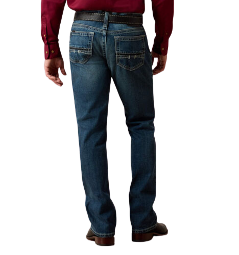  Men's faded blue slim straight jeans with decorative back-pocket stitching, dark pocket accents and full-length legs — Blair's Western Wear Marble Falls TX