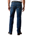 Men's dark blue relaxed bootcut jeans with contrasting back-pocket embroidery, faded seat and full-length legs — Blair's Western Wear Marble Falls TX