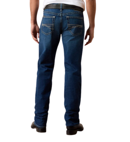 Men's dark blue relaxed bootcut jeans with contrasting back-pocket embroidery, faded seat and full-length legs — Blair's Western Wear Marble Falls TX