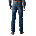Men's dark blue slim straight jeans with faded seat, angular contrasting back-pocket stitching and full-length legs — Blair's Western Wear Marble Falls TX