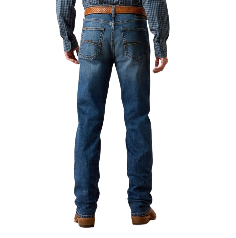 Men's dark blue slim straight jeans with faded seat, angular contrasting back-pocket stitching and full-length legs — Blair's Western Wear Marble Falls TX