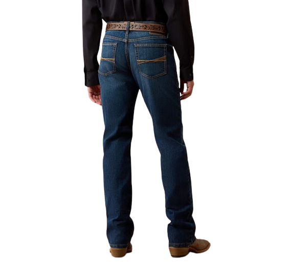 Men's dark blue relaxed bootcut jeans with warm-toned back-pocket stitching, faded seat and full-length legs — Blair's Western Wear Marble Falls TX