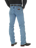 Men's slim fit Cowboy Cut blue jean with Wrangler patch, boot-cut leg opening, and light wash indigo denim — Blair's Western Wear Marble Falls TX