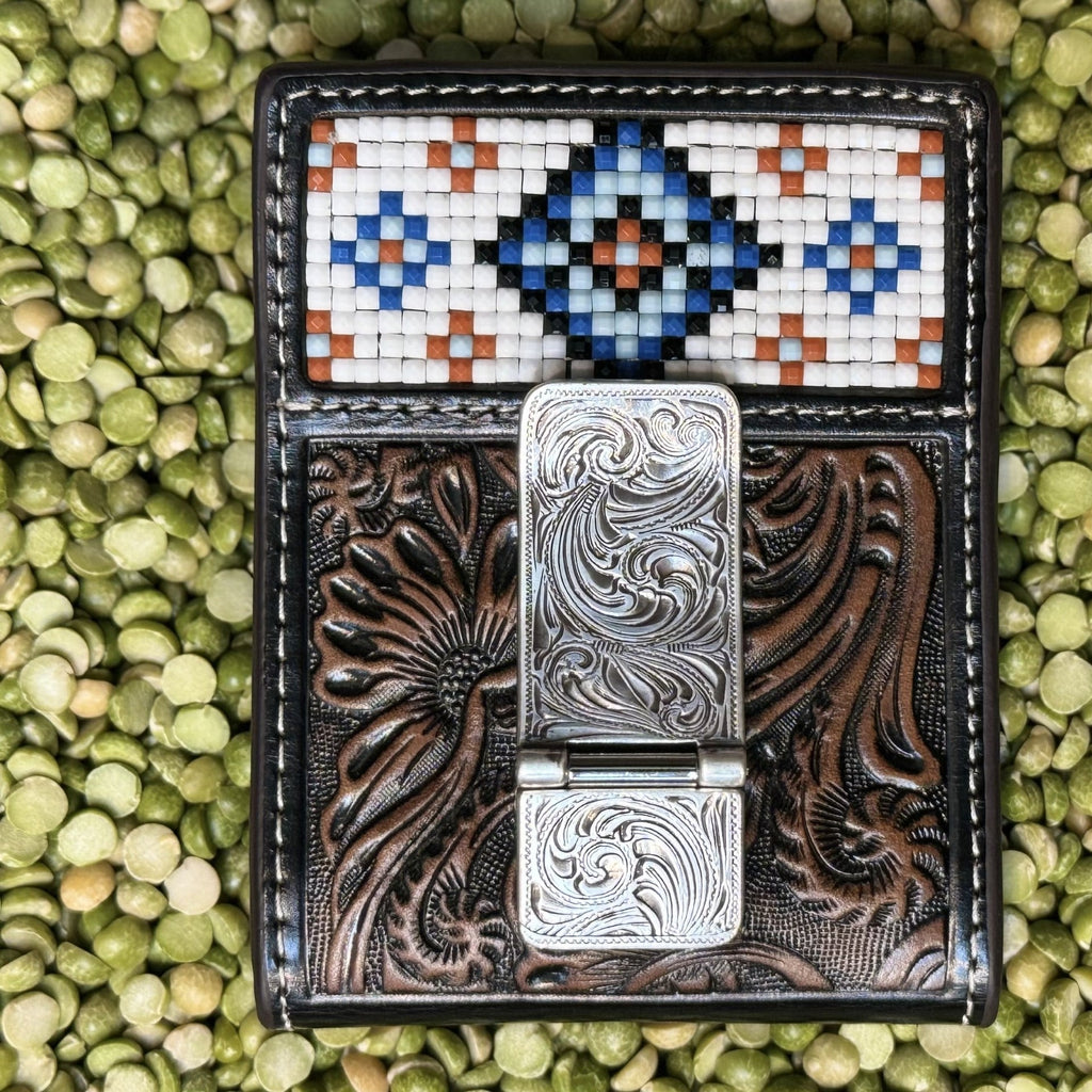 Men's Bifold Tooled Basket Weave Money Clip Wallet