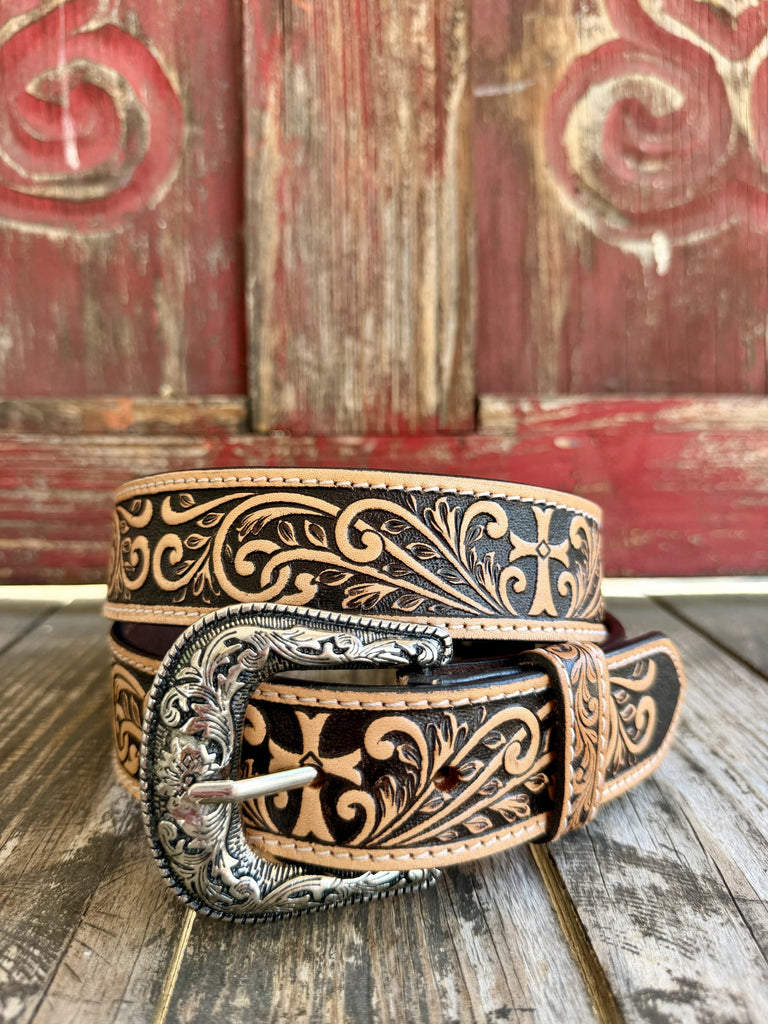 Two-tone NAT/CHOC tooled cross belt with detailed cross design — Blair's Western Wear Marble Falls TX