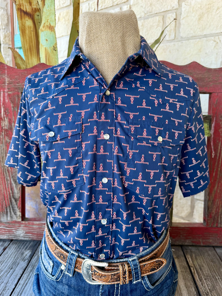 Men's navy red and white steer print snap-front short sleeve Western shirt — Blair's Western Wear Marble Falls TX