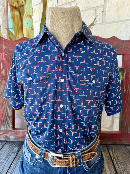 Men's navy red and white steer print snap-front short sleeve Western shirt — Blair's Western Wear Marble Falls TX