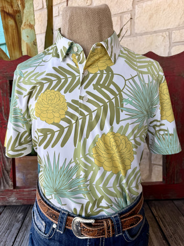 Men's natural olive and gold rose print pullover short sleeve shirt — Blair's Western Wear Marble Falls TX