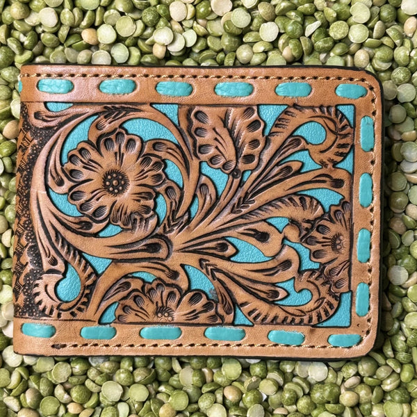 Men's Bifold Floral Tooled Turquoise Overlay Whip Stitch Wallet