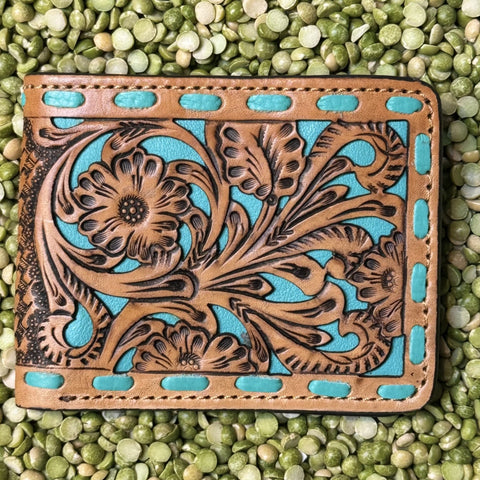 Men's Bifold Floral Tooled Turquoise Overlay Whip Stitch Wallet