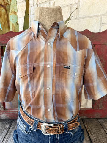 Men's brown and light blue plaid snap-front short sleeve Western shirt — Blair's Western Wear Marble Falls TX
